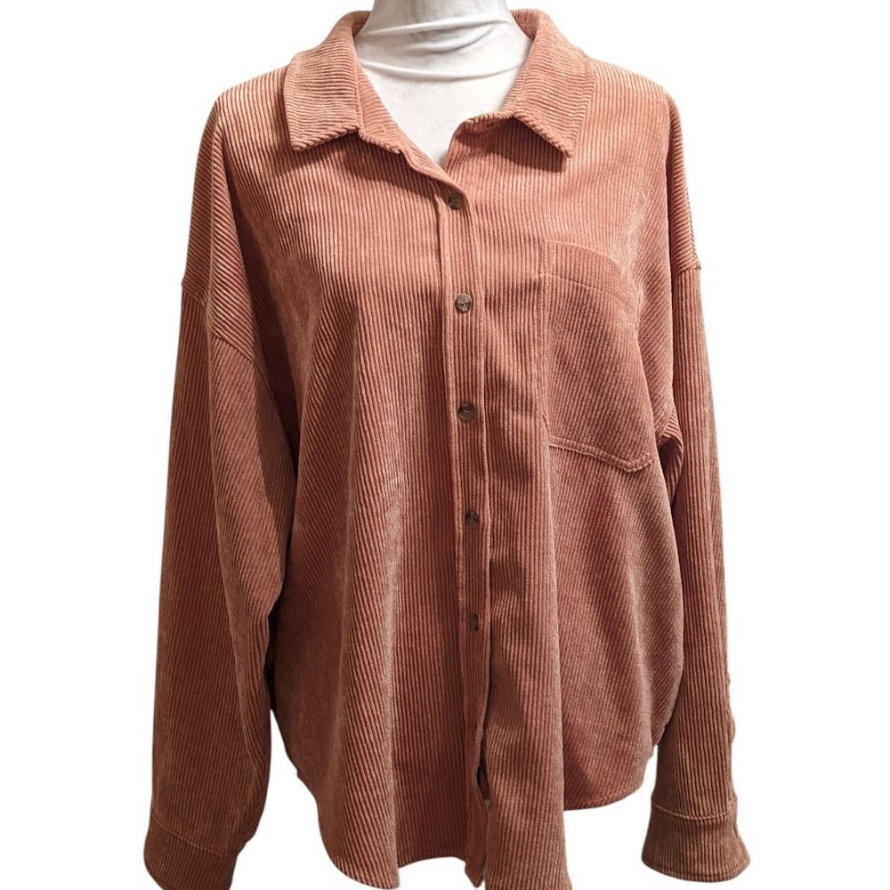 Corduroy Button-Up Shirt Jacket Light Brown Tan Women Size M-L